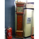 A late 18th century longcase clock, the red lacquered case painted with scenes in Chinoiserie, the