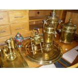 A Victorian brass samovar, two beaten brass trays, a coal box, candlesticks, tea box, a coffee pot