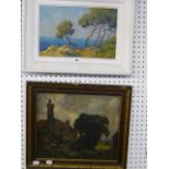 An oil of a rocky Mediterranean coastline with pine trees and sailing boats, signed (illegible),