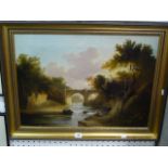 A fisherman seated by a river running through wooded cliffs, a bridge in the distance, British