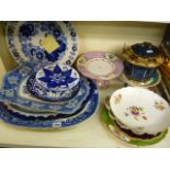 A large blue and white willow pattern meat plate plus other large blue and white meat plates and