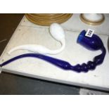 A blue glass pipe and another in opaque white glass, probably late Victorian [Y]