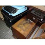 A Columbia Grafonola travelling gramophone, an old cased sewing machine, deed boxes, a Brother