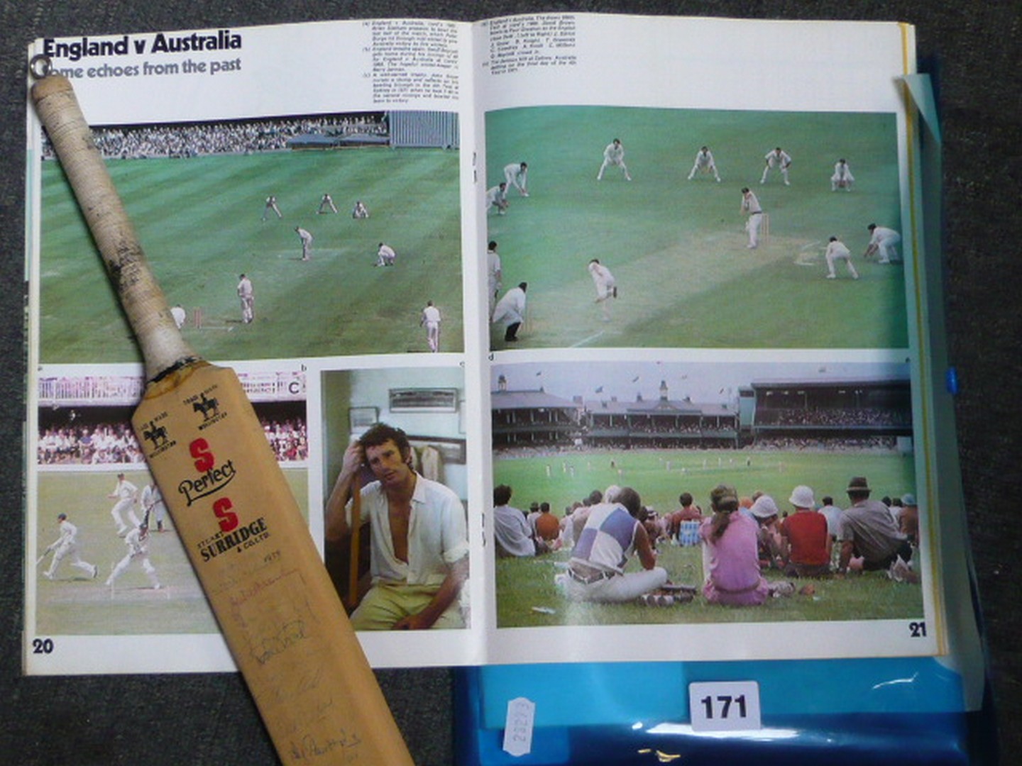 Cricket memorabilia to include a miniature bat with signatures including 'Chappell', 'Colley', '