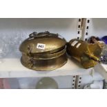 An antique brass turban box plus a Johnson and Ravey brass cased mechanical spit. (S 14)