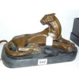 A bronze figure of a stylised recumbent panther after H Moore, dark base, 12 long (N)"