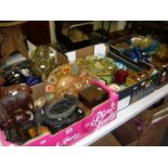 A box of old fishing floats, several glass and wrought iron table lamps, a box of wooden items