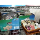 Two small cartons and a basket containing assorted trimmings, including lace, ribbons, beading,