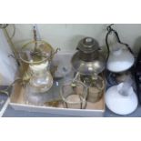 A box of lantern style ceiling lights plus a three branch candelabra and a brass and glass oil lamp,