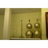Two large polished metal table lamps plus three smaller glass table lamps. (On S 80)