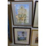 A watercolour of a Southern town house with green shutters by Elspeth Reid, signed with initials and