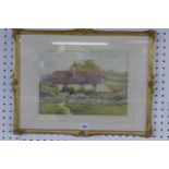 A charming watercolour of a child seated with a basket outside a cottage by H. Hughes Richardson,