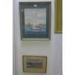 A watercolour of two sailboats by Neil Alexander, signed (31.5 x 27 cms), modern gilt-highlighted