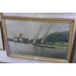 A large pastel of a sailboat with three passengers on a lake, possibly Swiss, a chateau nearby on