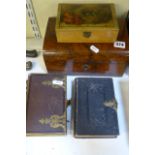 A Victorian walnut work box, now empty, a late Victorian J & P Coats sewing cotton box with