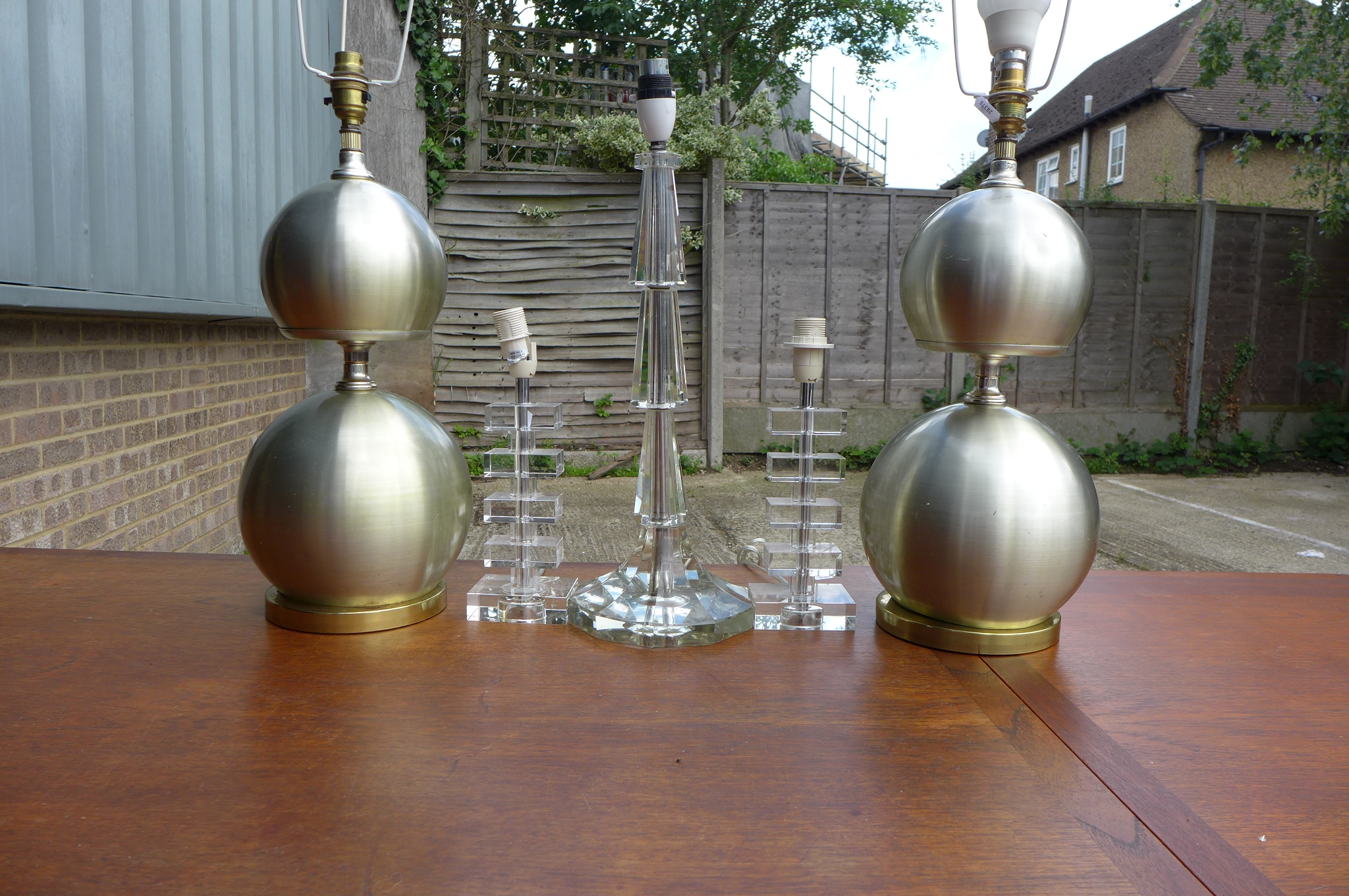 Two large polished metal table lamps plus three smaller glass table lamps. (On S 80) - Image 2 of 2