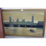 An oil of Westminster seen from the Thames by G. Marsh, signed, 20th century (44 x 69 cms), gilt