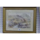 A watercolour of stags in the Highlands by Nancy Dyson, signed (21 x 30.5 cms), gilt frame; and '