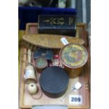 A Victorian 'Child's Own ABC' in treen box, a small treen box, a bone cup and ball game, Lady's