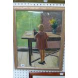 An oil of a girl in a pink dress, standing at a table with her doll, North European School, 20th