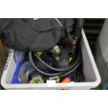 A Seaquest ADV Diving jacket plus a box of diving equipment including pressure gauges, gloves,