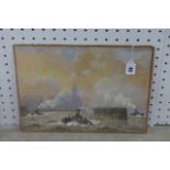 An unframed watercolour of steamboats at work in a city port, probably Hamburg, signed Schlemm and
