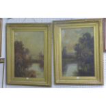 A pair of large rural landscapes, each with a cottage by a river, by R.C. Snell, each signed, oil on