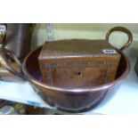 A Victorian rectangular tea caddy with chevron banding, and a Victorian copper two-handled pan [B]