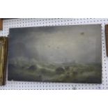 An oil of a shipwreck in raging seas off a rocky coastline, English School, late 19th century, on