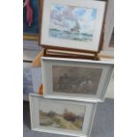 A charming lot of a dozen framed pictures including watercolours of, mainly, nautical themed scenes,