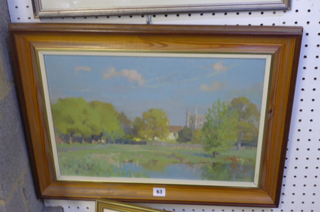 An oil of a village green with pond by Anthony Rickards, signed (49 x 34 cms), framed, reverse