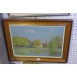 An oil of a village green with pond by Anthony Rickards, signed (49 x 34 cms), framed, reverse