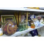 Two shelves of general items including photo frames, flower pots, kitchenalia, a Carltonware