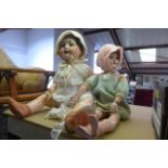 Two dolls, one a Simon & Halbig head on painted wooden body with jointed arms and legs, back of