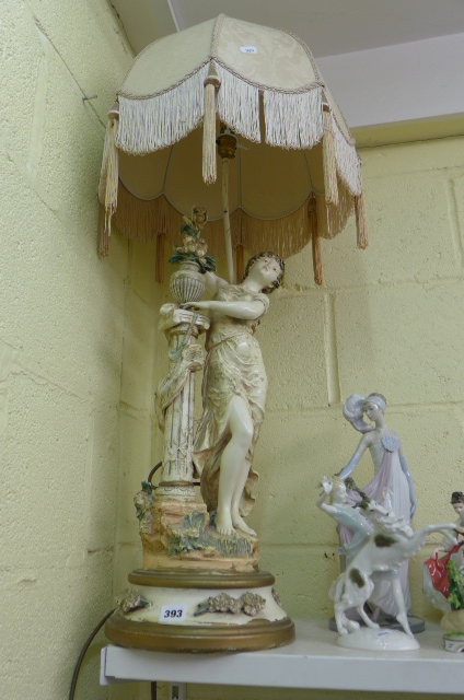 A large decorative table lamp and shade modelled as a Grecian maiden by a pillar with flowers. (S