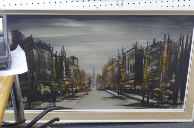 A framed reproduction of a cityscape after Ron Folland (53 x 93 cms), together with an artist's