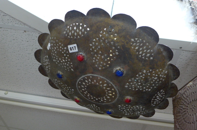 Three middle eastern metal ceiling lights, one with stone inserts. - Image 3 of 3