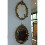 A pair of oval gilt framed mirrors with elaborate frames of trailing plants and flowers.