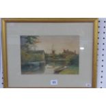 A small watercolour of a cottage in the Fens, with a figure by a boat and a windmill by Thomas