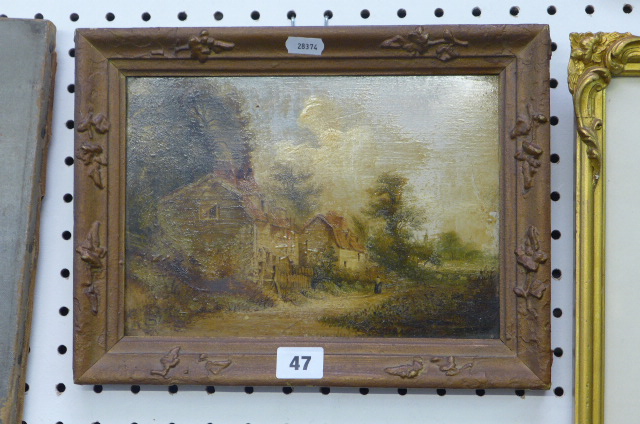 A small 19th century oil on board of cottages, perhaps by George Burrell Wilcocks, 1854 (18 x 25