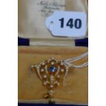 A fine quality Edwardian 15 ct gold, 1/2 pearl and sapphire pendant, circa 1900 AD