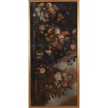 ROMAN PAINTER, 19TH CENTURY 
TRIUMPH OF FLOWERS ON SET TABLE
Tempera on canvas, cm. 70 x 155