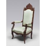 THRONE IN MAHOGANY, PROBABLY NAPLES, LATE 19TH CENTURY

high back, with folaite frieze and carved