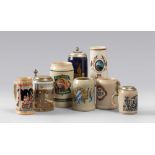 EIGHT TANKARDS, 20TH CENTURY

in gres, porcelain and ceramic. Various decorations, some lids in