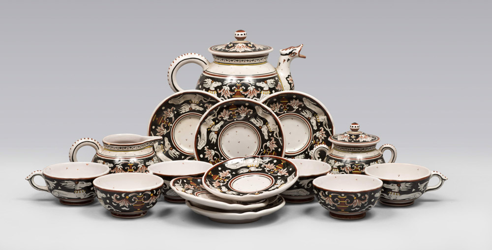 TEA SET IN CERAMIC, SAN GIMIGNANO, FIRST HALF 20TH CENTURY

white and black glazing, design of