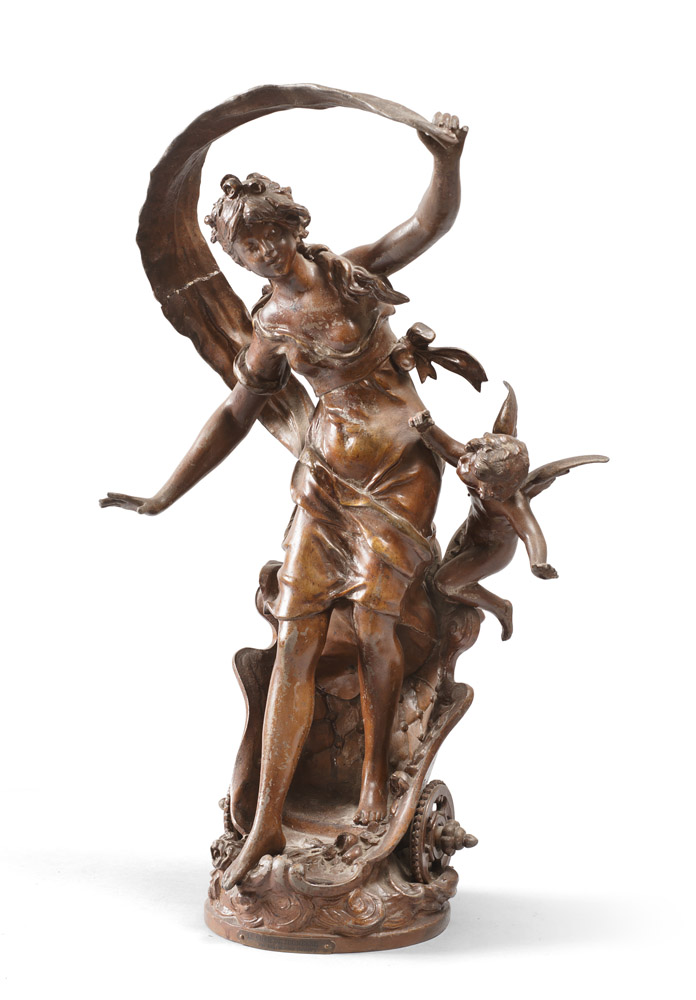 GROUP IN ANTIMONY, PROBABLY FRANCE EARLY 20TH CENTURY

depicting allegory of lady and angel. Base in