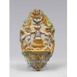SMALL HOLY WATER FONT IN MAIOLICA, PROBABLY CASTELLI, LATE 18TH CENTURY

polychrome glazing,