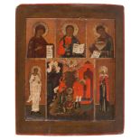 RUSSIAN SCHOOL, 19TH CENTURY



DEESIS WITH THE BEHEADING OF JOHN THE BAPTIST

Tempera on panel, cm.