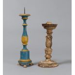 TWO CANDLE HOLDERS IN LEGNO, 18TH CENTURY

one gilded and one with blue lacquer. 

h. cm. 33 and cm.