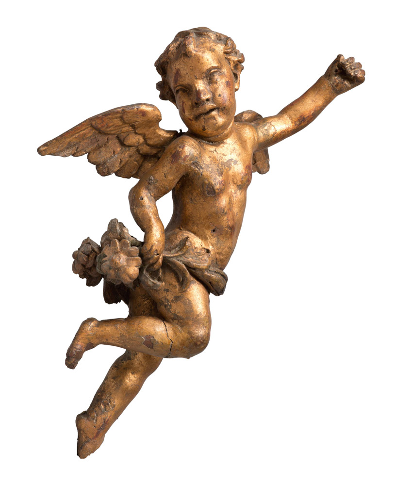 FIGURE DI ANGEL IN GILTWOOD, EARLY 20TH CENTURY

flying and holding flowers.

Size cm. 38 x 26 x 12.